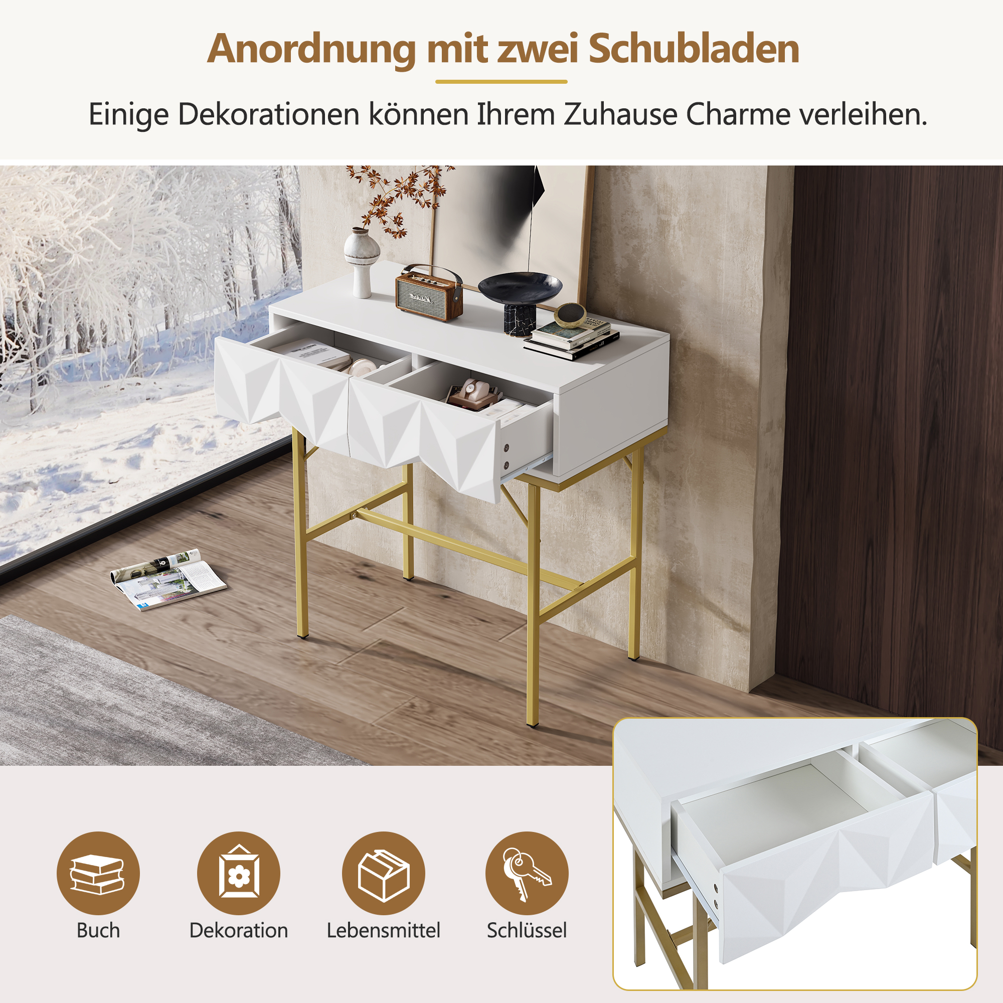 Table console moderne avec 2 tiroirs - 80 x 40 x 80 cm - MDF - pour salon, couloir - blanc + or - 7