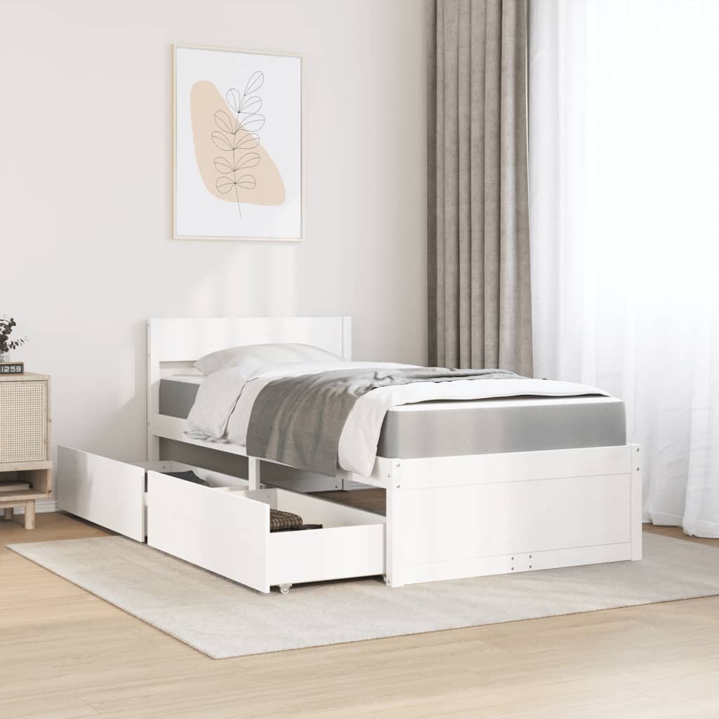 Lit avec tiroirs et matelas, blanc, en bois massif de pin, pour la chambre, 90 × 200 cm - 3