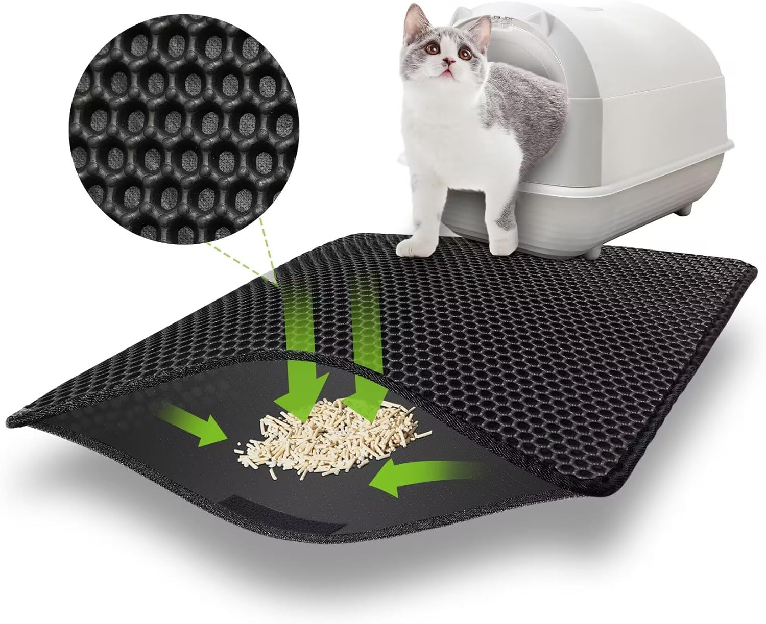 Mata pod kuwetę dla kota 60x45cm – Dwuwarstwowa, Wodoodporna, Antyzapachowa – Duży otwór zbierający, Łatwa w czyszczeniu, z rzepem