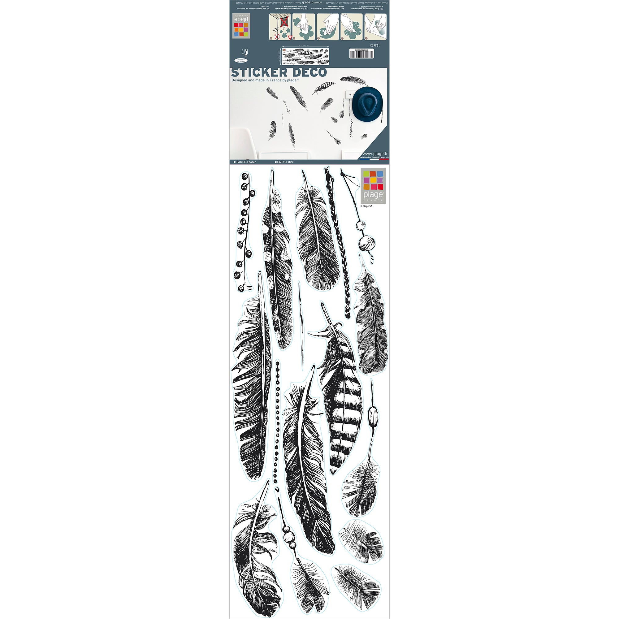 Sticker autocollant décoratif, illustration de plumes noires dans un style attrape rêve, 68 cm X 24 cm - 2