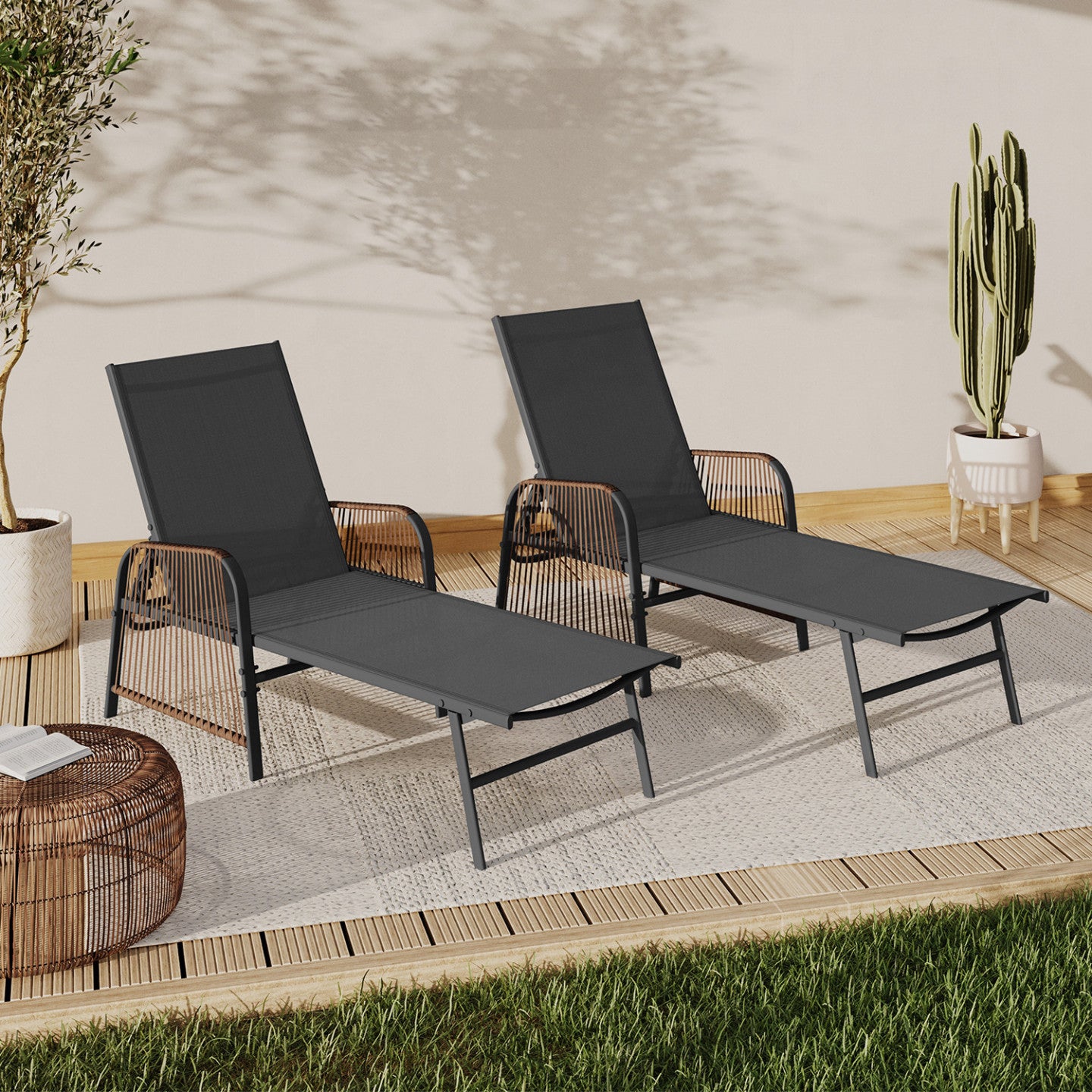 IDMarket Lot 2 Transats Jardin Inclinables Sintra Aluminium Noir + Coussin 6 Cm | Chaise Longue Extérieur Réglable 4 Positions 130 Kg
