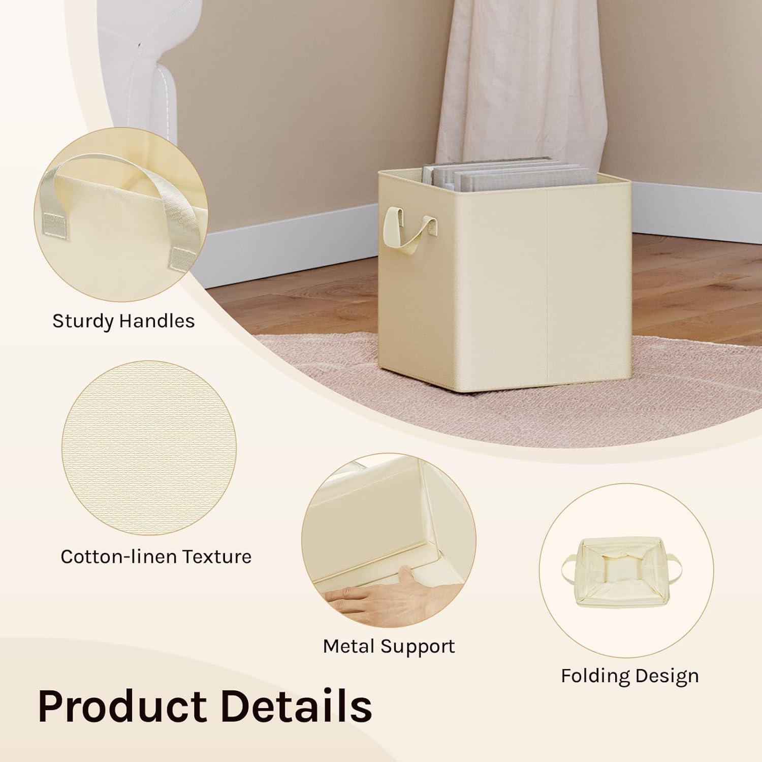 Lot de 3 Cubes de Rangement WOLTU, 26x26x26,5 cm, Boîte Rangement Pliable, avec Poignée, Cadre en Métal, en Tissu, Crème - 5
