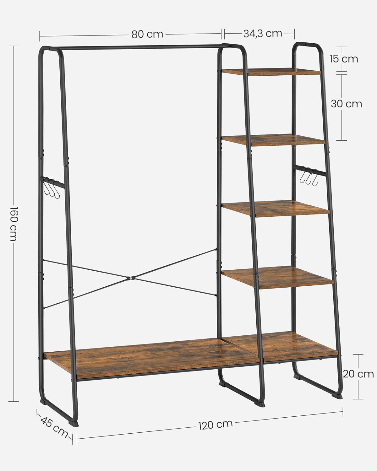 Porte-manteau sur Pieds, Meuble Chaussure Entrée, Vestiaire, avec 5 Étagèress de Rangement, 6 Crochets, pour Chambre, Salon, Marron Rustique et Noir - 5