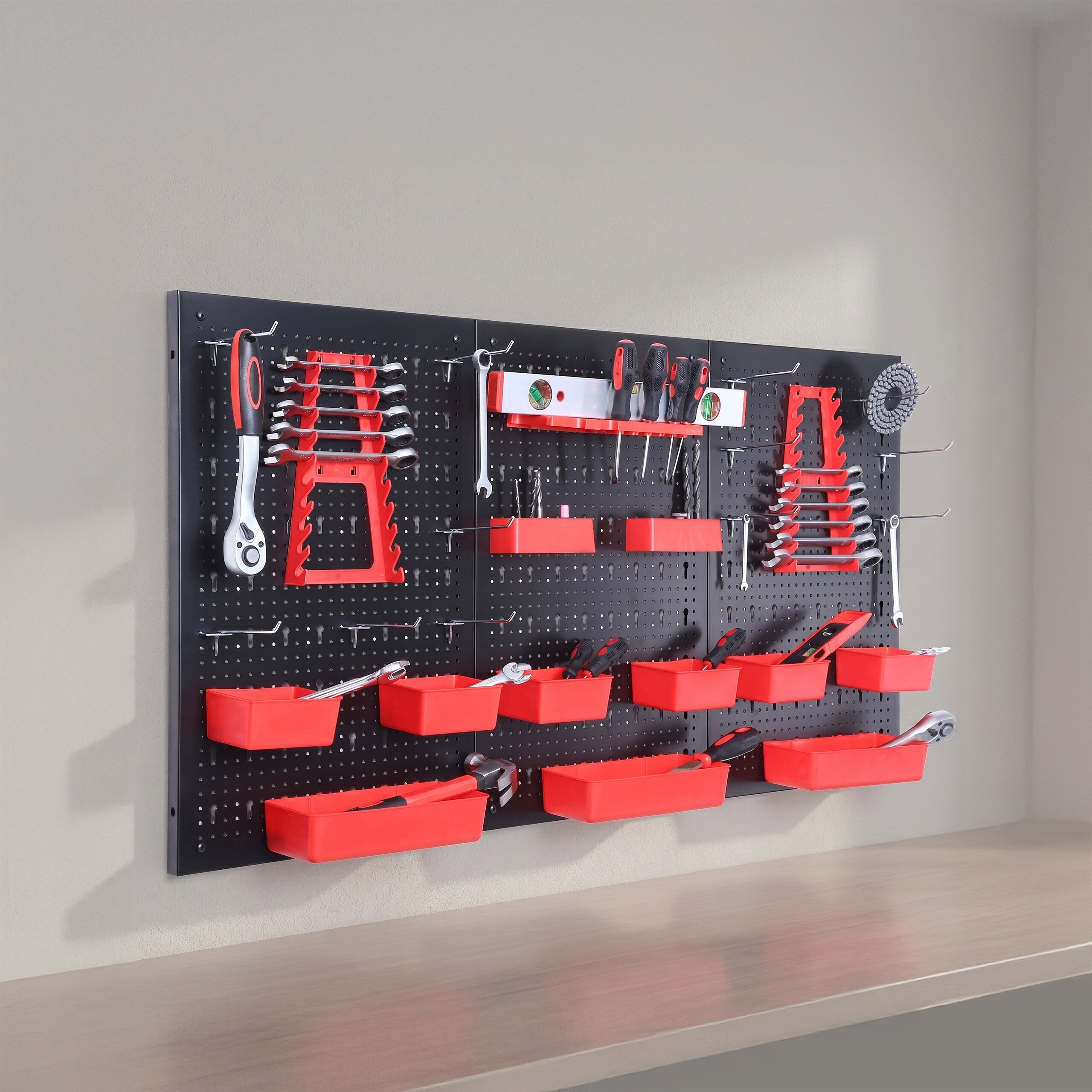 Panneau mural pour outils, 3 panneaux perforés, lot de 26 accessoires, 60×40 cm, métal, atelier, noir/rouge, Relaxdays - 2