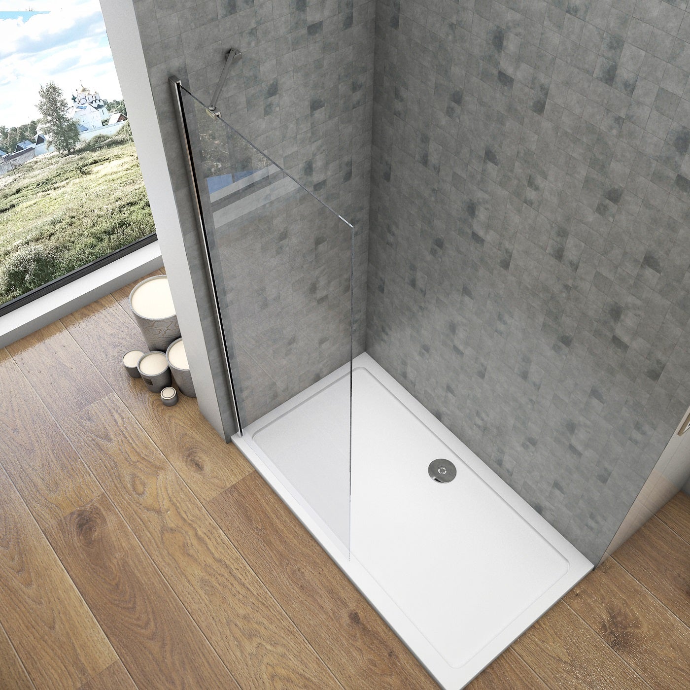 Paroi de douche fixe à l'italienne verre trempé clair Ep.8mm - 60cm H.200cm - Chromé - Barre fixe 45cm incluse - 2