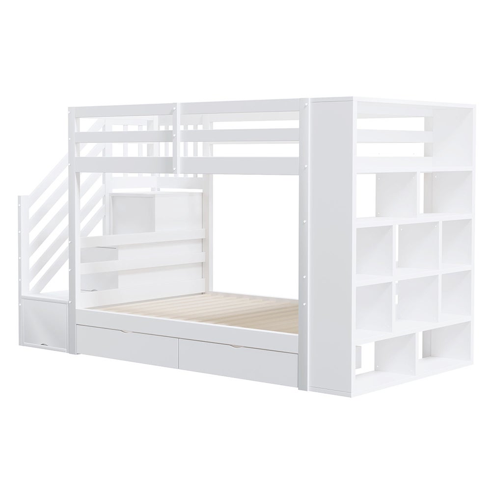 Lit superposé enfant 90x200 cm avec 2 tiroirs - Escalier de rangement - Étagères ouvertes - Barrière haute - Sommier à lattes - Blanc - 7