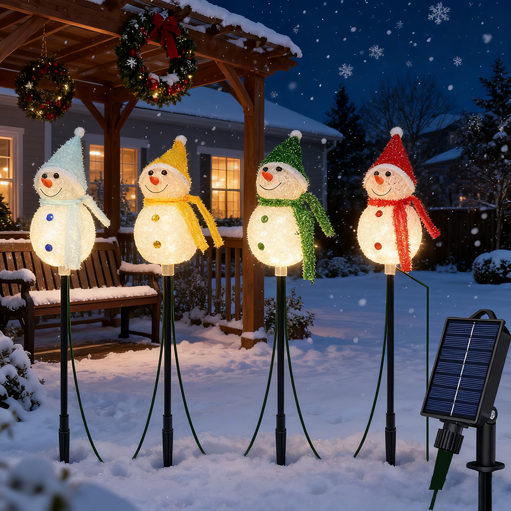 Zestaw 4 lampek choinkowych zasilanych energią słoneczną z palikiem w kształcie bałwana, wodoodporne lampki choinkowe do ogrodu, dekoracje świąteczne - 9
