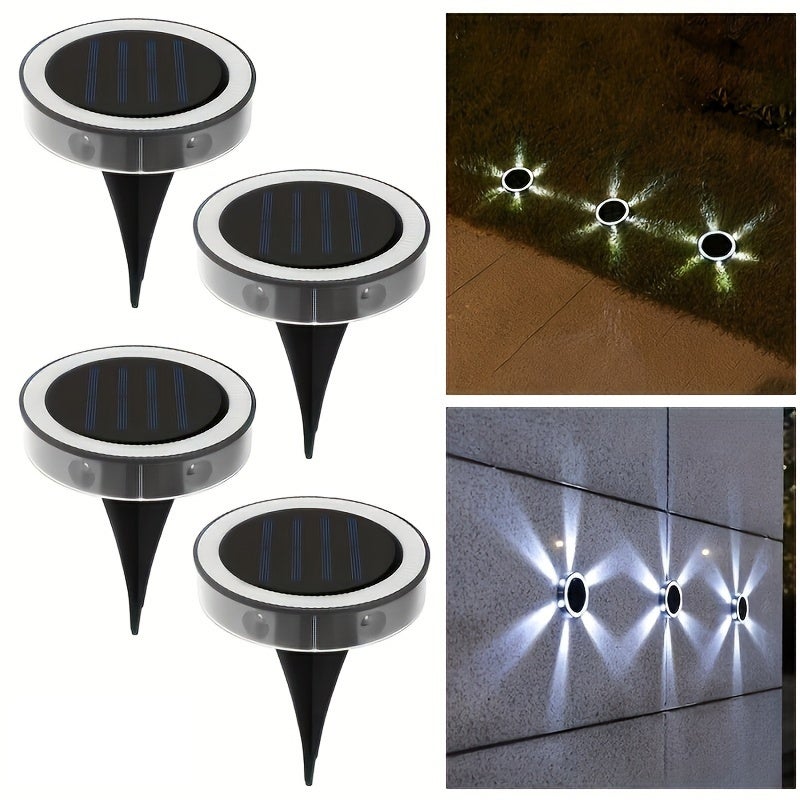 Zestaw 4 solarnych lamp do wkopania w ziemię, dekoracja zewnętrzna do ogrodu, na taras, schody, światło białe