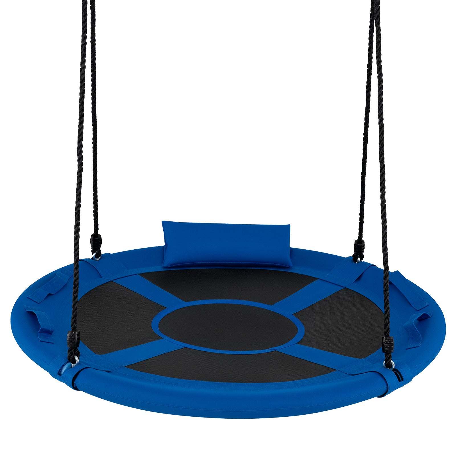 Balançoire Nid d'Oiseau Ronde 100 CM, avec Poignée, Oreiller, Cadre Métallique Rembourré, Cordes Réglables en Hauteur, pour Intérieur/Extérieur, Bleu - 4