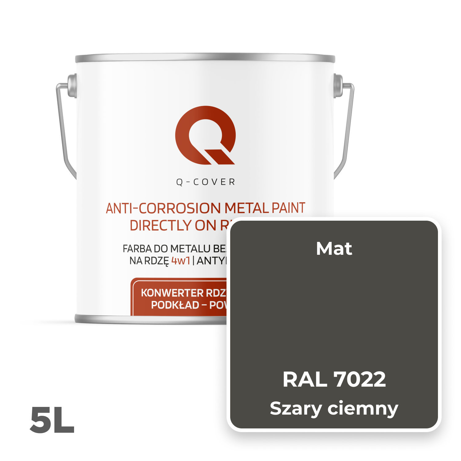 Farba do Metalu Prosto na Rdzę 4w1 Q-Cover Szary ciemny RAL7022 Mat 5L - 2