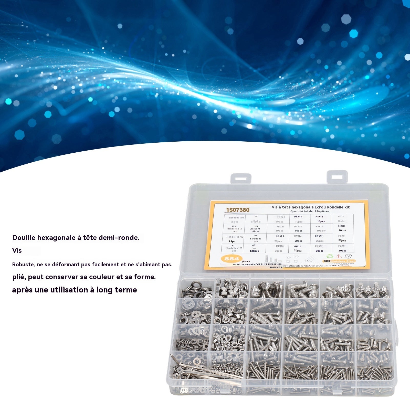 Kit 884 uds tornillos hexagonales M2–M5 acero inoxidable 304 + arandelas + 4 llaves Allen + estuche - 6