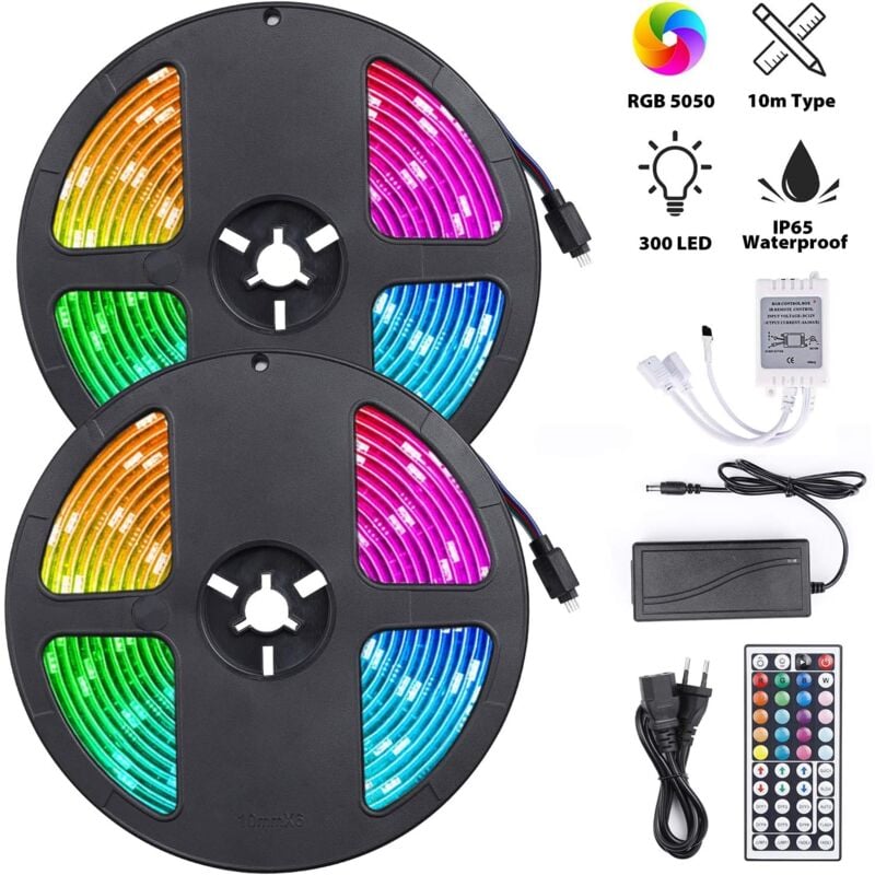 Taśma LED RGB, 10 m, 300 LED, z pilotem, wodoodporna IP65, do dekoracji ścian na imprezach w ogrodzie (2 taśmy LED po 5 m)