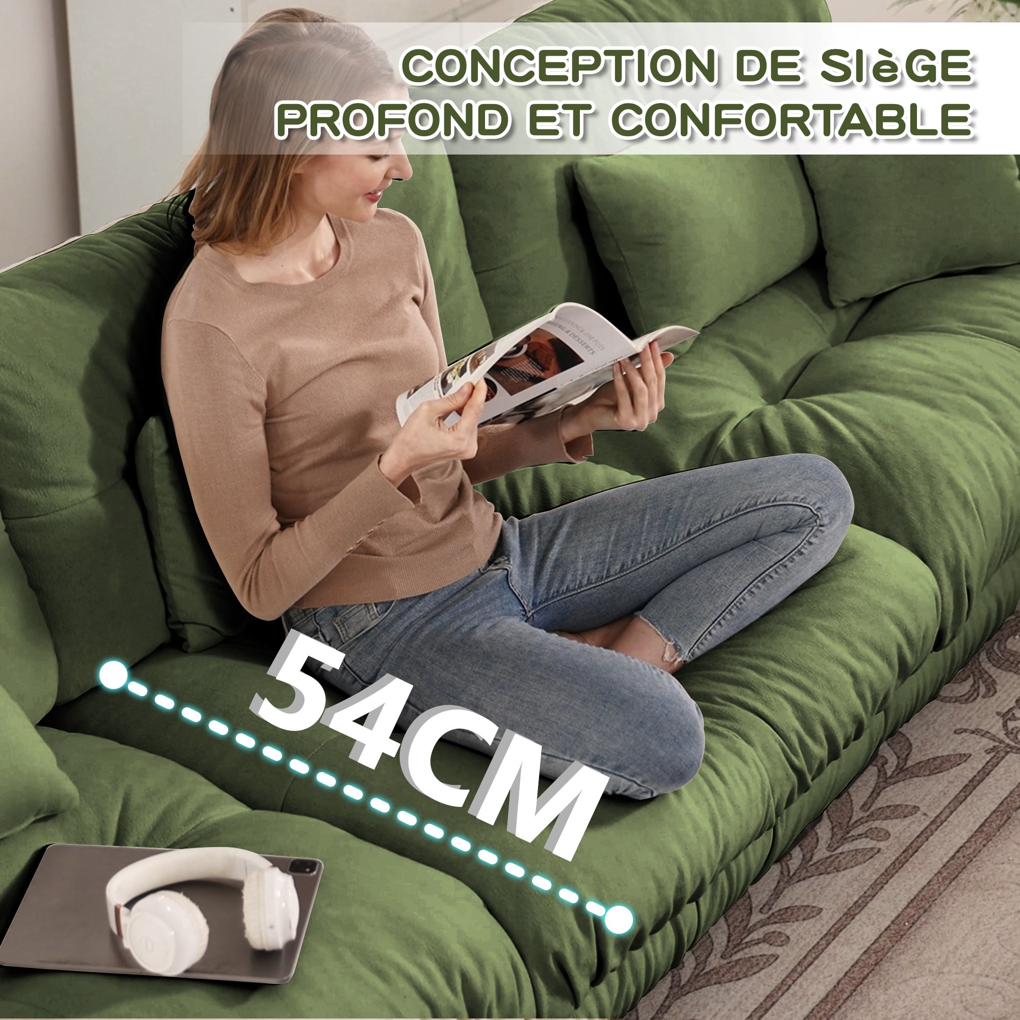 Canapé d'angle modulable, Canapé 3 places confortables avec pouf mobile,&nbsp;coussins décoratifs et lombaires inclus, Canapé U pour salon,&nbsp;chenille, Vert - 8