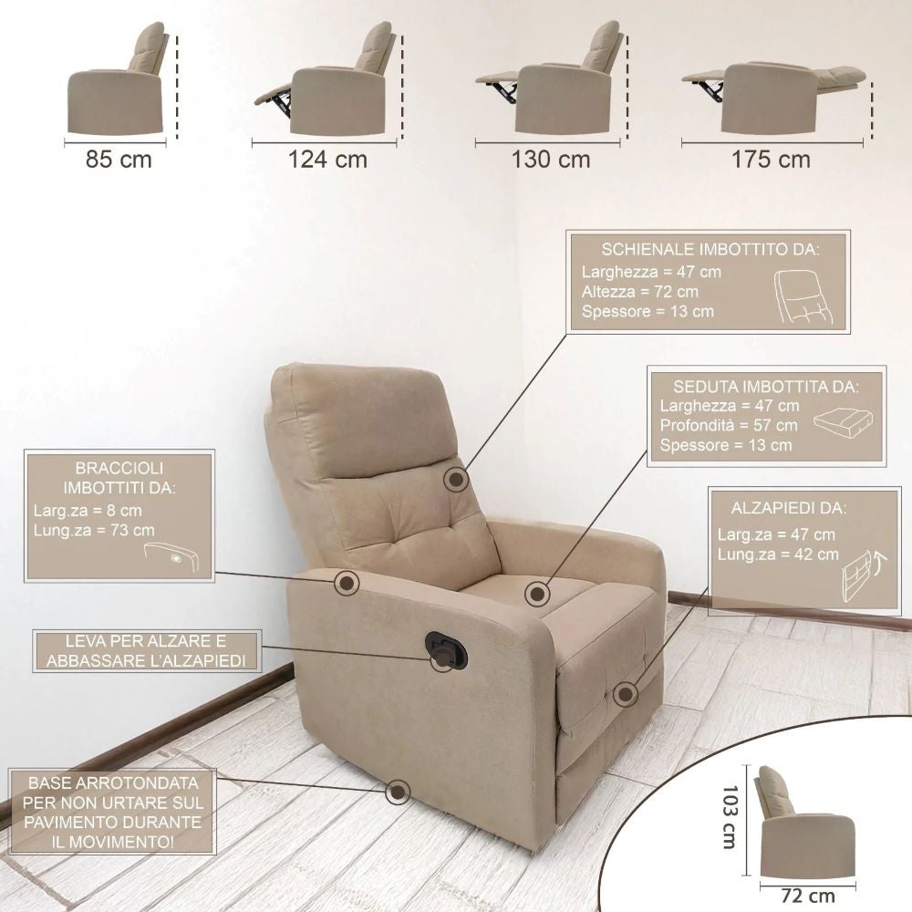 Poltrona Divanetto Relax sofa' Reclinabile con poggiapiedi in tessuto 150° con schienale Facile risalita Alzapersona per Anziani o Multiuso GRI SCURO - 7