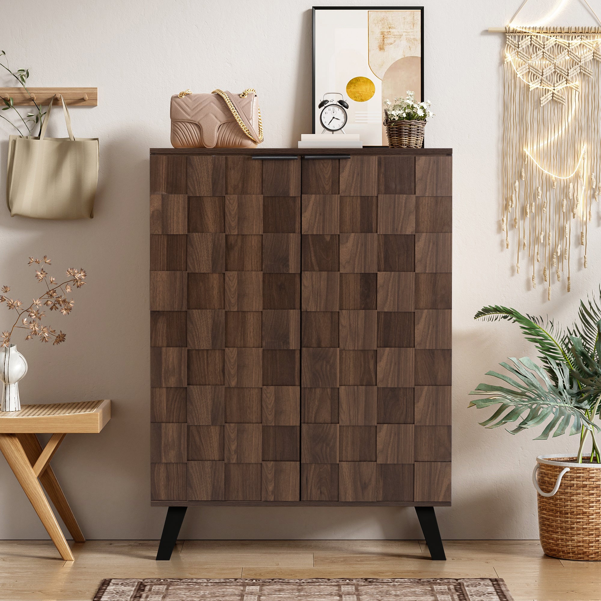 Nowoczesna szafka na buty z 2 drzwiami i 5 regulowanymi półkami - 80 x 35,5 x 110 cm - Płyta wiórowa - Kolor ciemnego drewna - 6