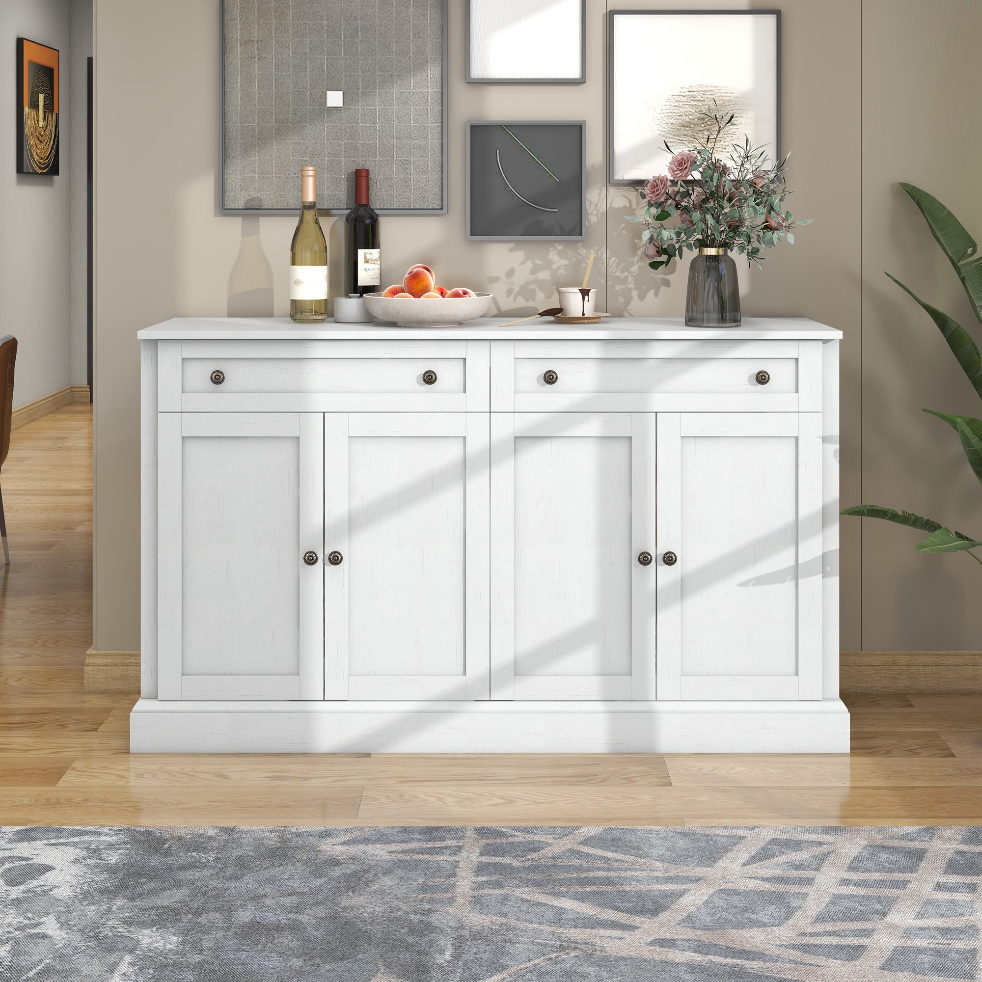Aparador grande con 4 puertas y 2 cajones, moderno mueble buffet para comedor y salón, 150 x 40 x 86 cm (largo x ancho x alto) – (blanco antiguo)