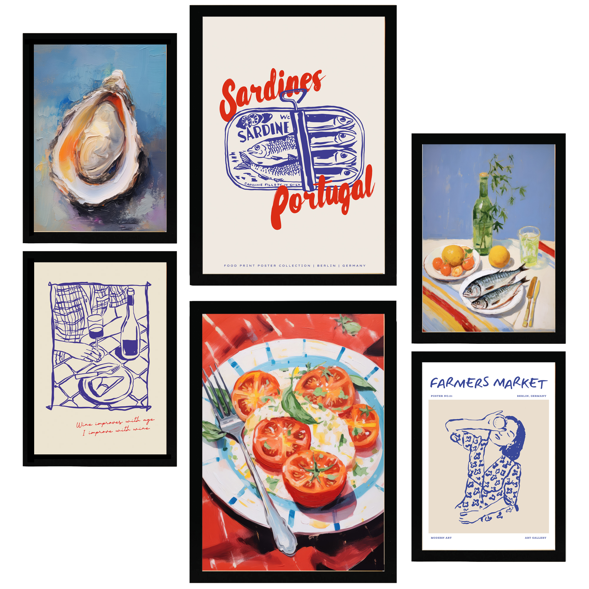 Nacnic set de 6 pósters ilustraciones de alimentos y comida estilo pop art dieta mediterranea marco negro