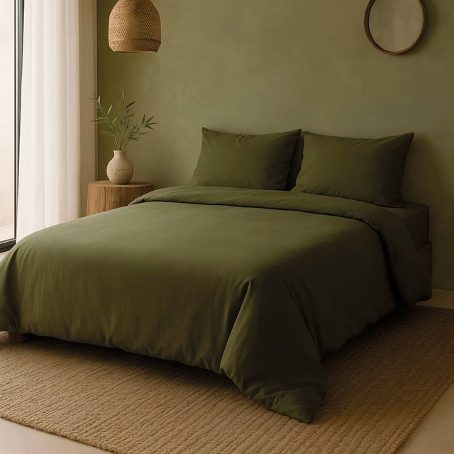 NATURALS - Housse de Couette Unie Lit 150 - Fermeture avec Boutons - 100% Coton - Inclut 1/2 Taies d’Oreiller - VERT BOUTEILLE