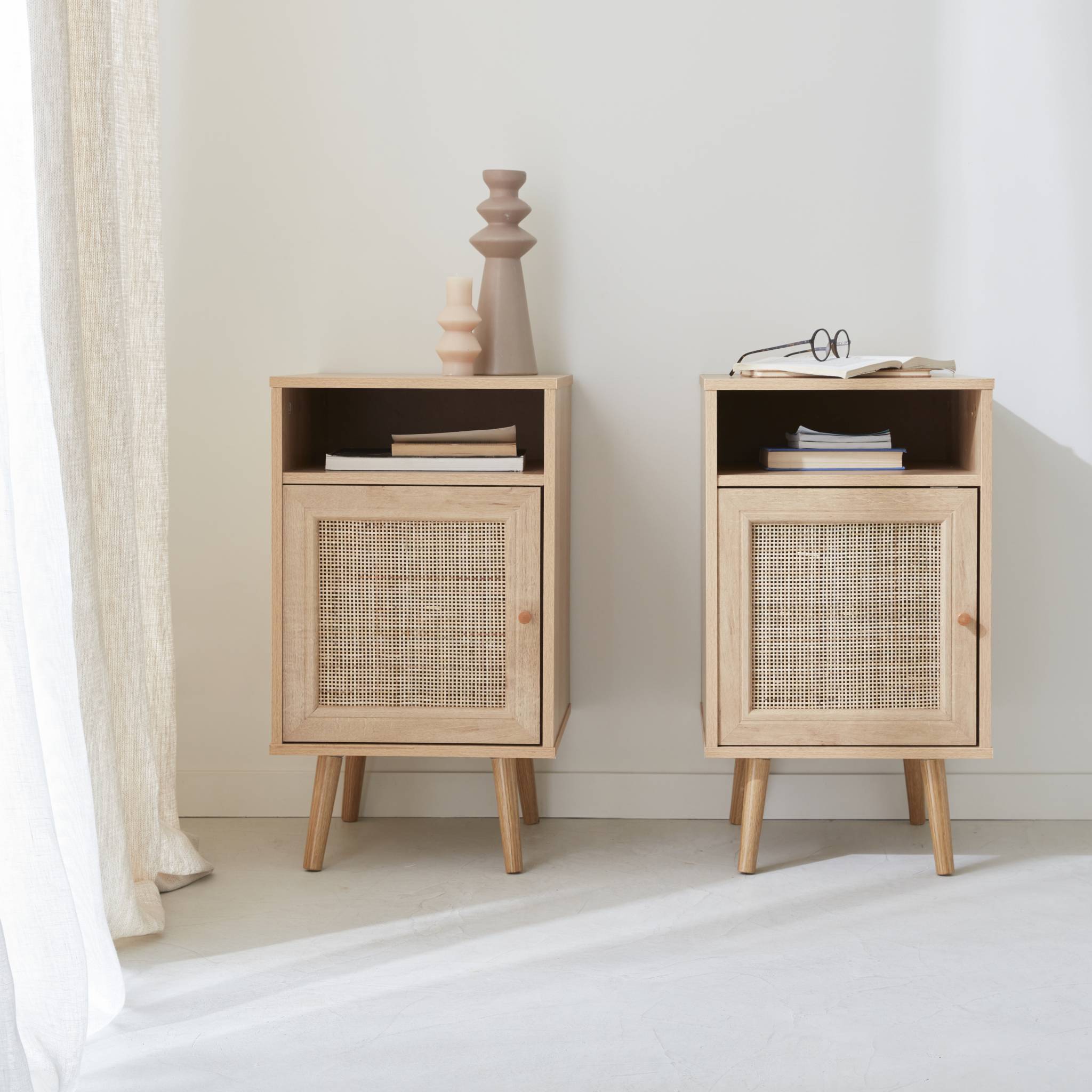 Lot de 2 tables de chevet en cannage - Bohème - 40x39x70cm Naturel - 2 niveaux - 1 portes - 1 espace de rangement - pieds scandinaves - 3