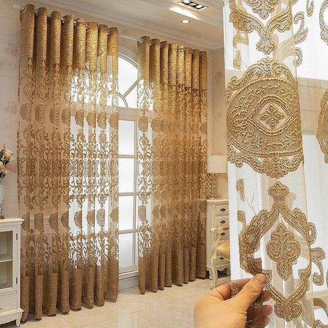 Style européen fleur d'or brodé rideau transparent luxe oeillet top rideau salon rideau panneau tulle décoration 140cm largeur 225cm longueur 2 pcs