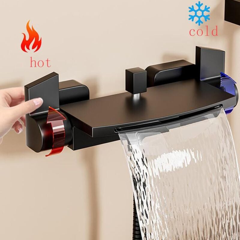 Robinet de Baignoire Cascade Thermostatique avec Douchette Robinet mitigeur Laiton Robinet Douche ​Montage Muralavec Douche Chaud Et Froid Noir - 3
