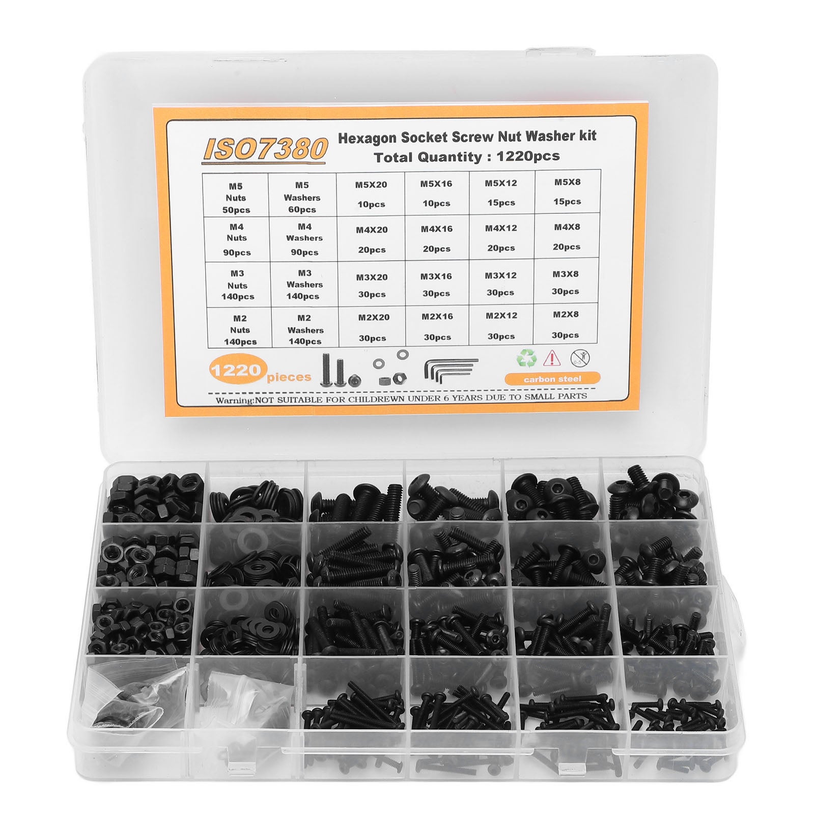 Kit de 1220 vis, écrous, rondelles en acier au carbone M2 M3 M4 M5 ...