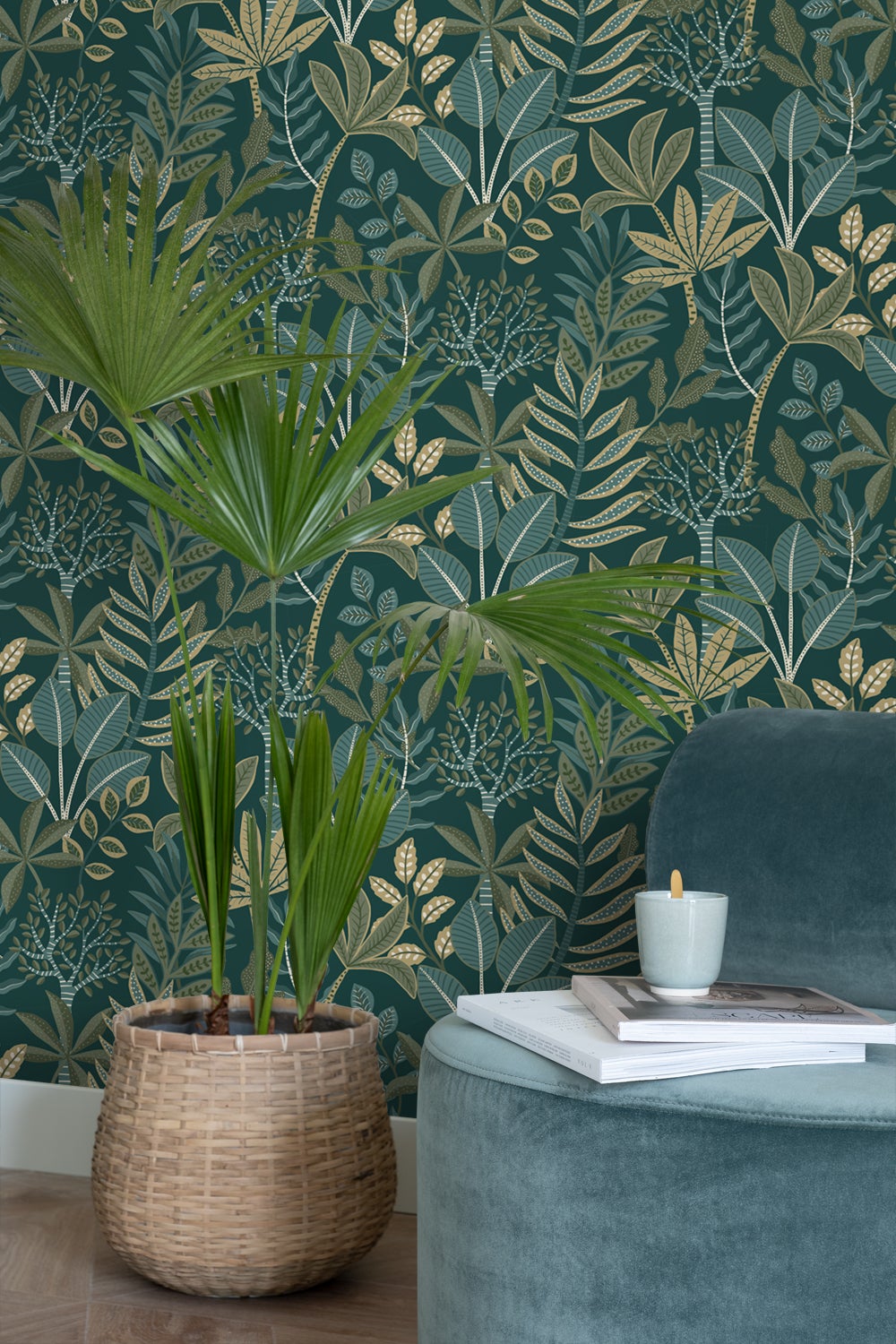 Papier peint feuilles bleu foncé et vert - 50 x 900 cm - ESTAhome - 2