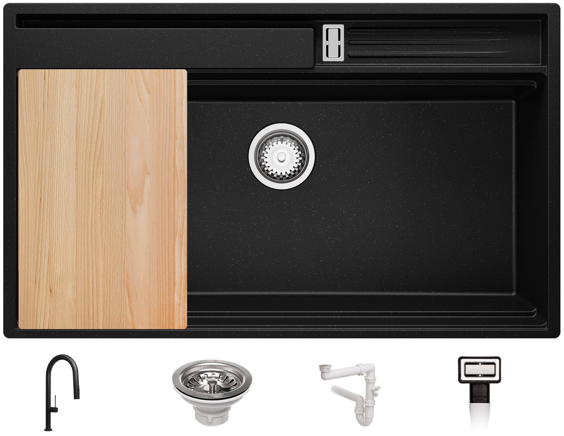 VBChome Fregadero De Granito Negro, 77 X 44 Cm, Empotrable, Reversible, Con Sifón
