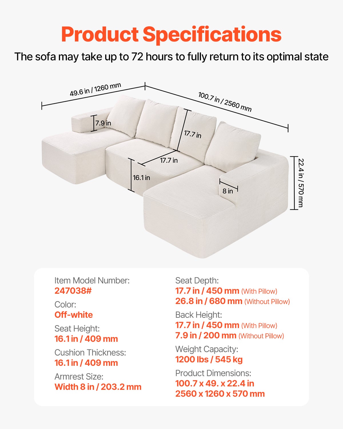 Canapé sectionnel modulaire avec méridienne,VEVOR canapé modulaire en U avec éponge à rebond élevé et densité,velours côtelé rembourré,avec coussin - 7