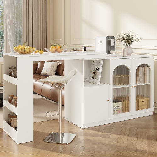 Barra giratoria 360° blanca moderna (120x40x97 cm), armario comedor y barra multifuncional con puerta de vidrio