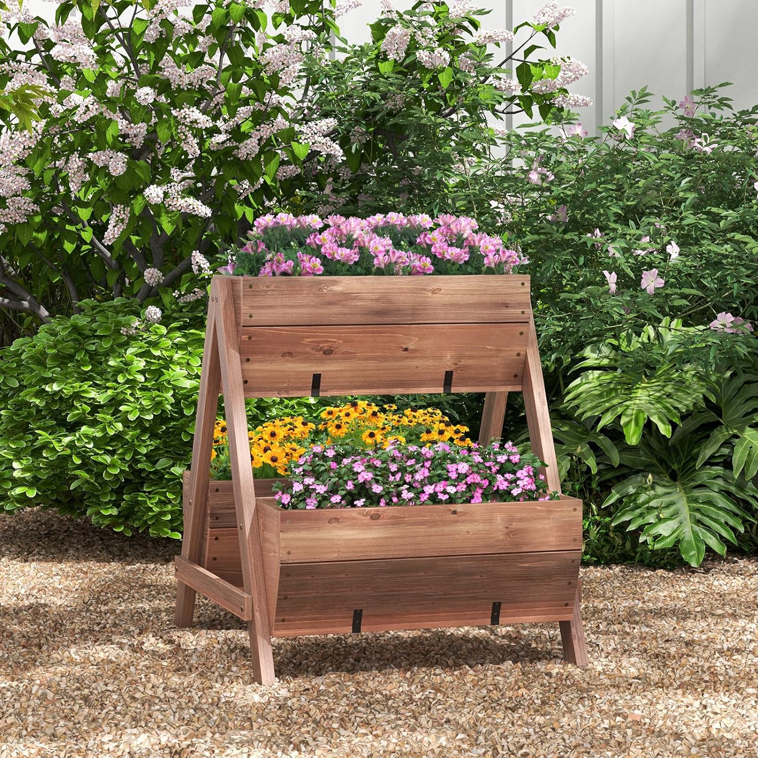 Letto da Giardino Rialzato Verticale con 3 Fioriere in Legno e Fori di Drenaggio, Fioriera a Scala per Frutta, Verdura e Fiore, Aiuola per Int - 8