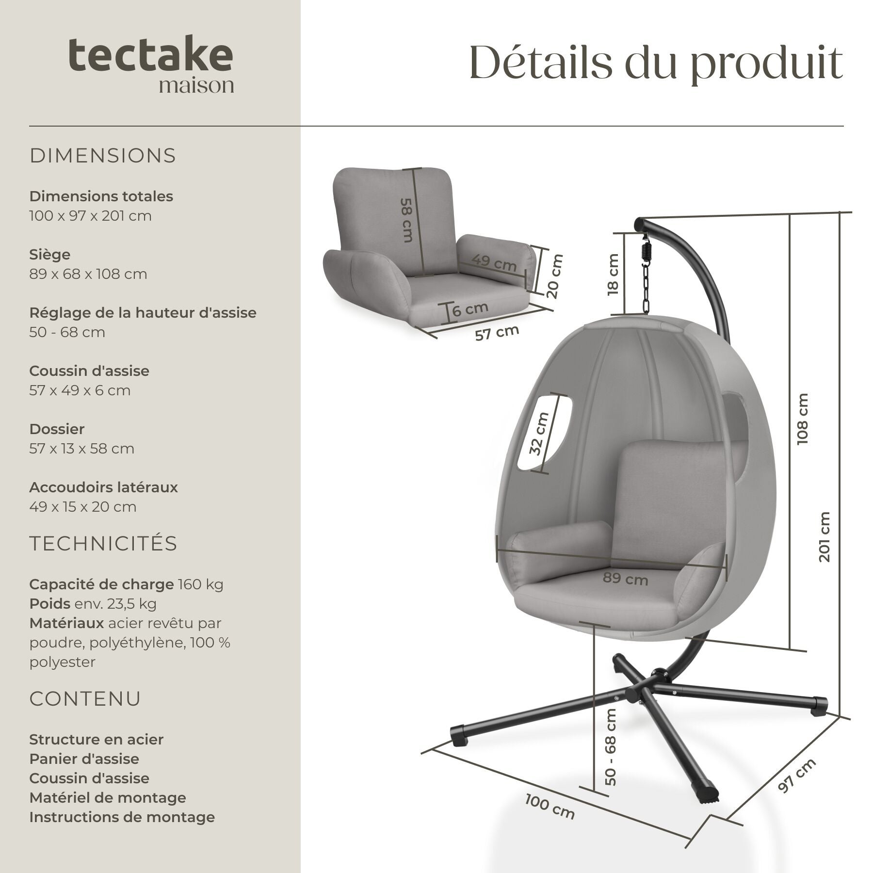 TECTAKE Espreguiçadeira suspensa com estrutura Com almofada de assento ultra espessa, giratória 360° - 6