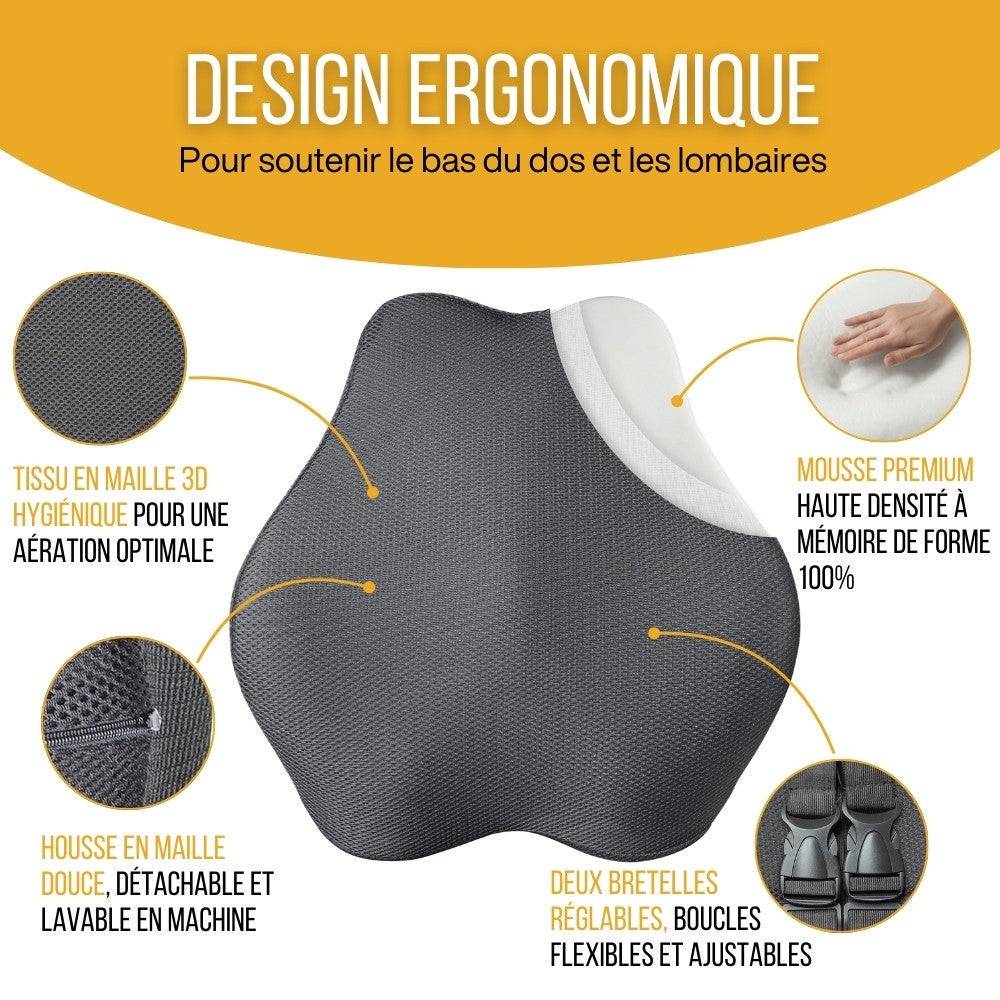 Coussin de Soutien Lombaire Allongé Ergonomique - 45x41x10,5 - en mousse à mémoire de forme - Sangles réglables - INPHYSIO - 2