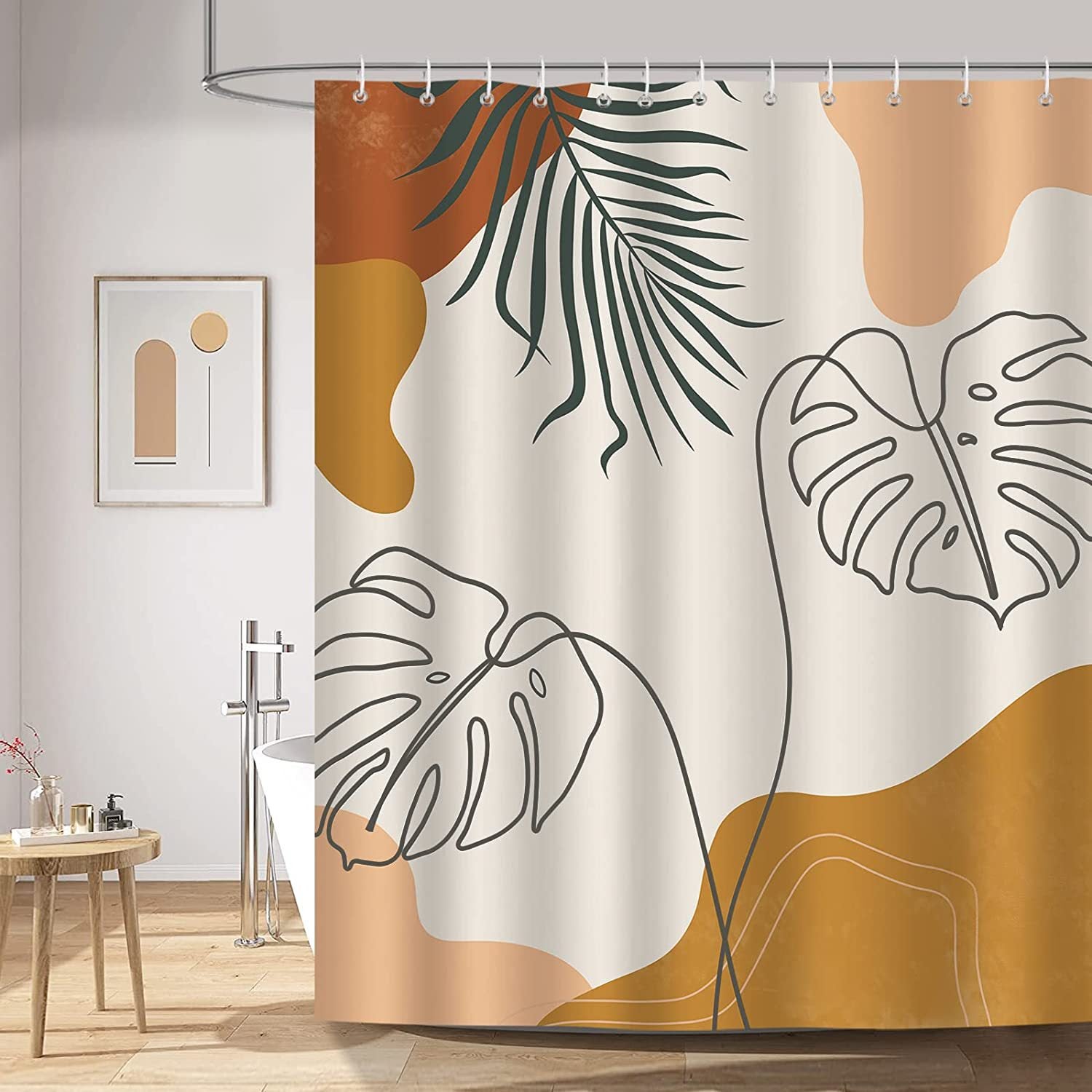 Boho zasłona prysznicowa liście abstrakcyjne połowy wieku zasłona do wanny tkanina poliestrowa antypleśniowa wodoodporna zmywalna zasłony 180 x 180 cm