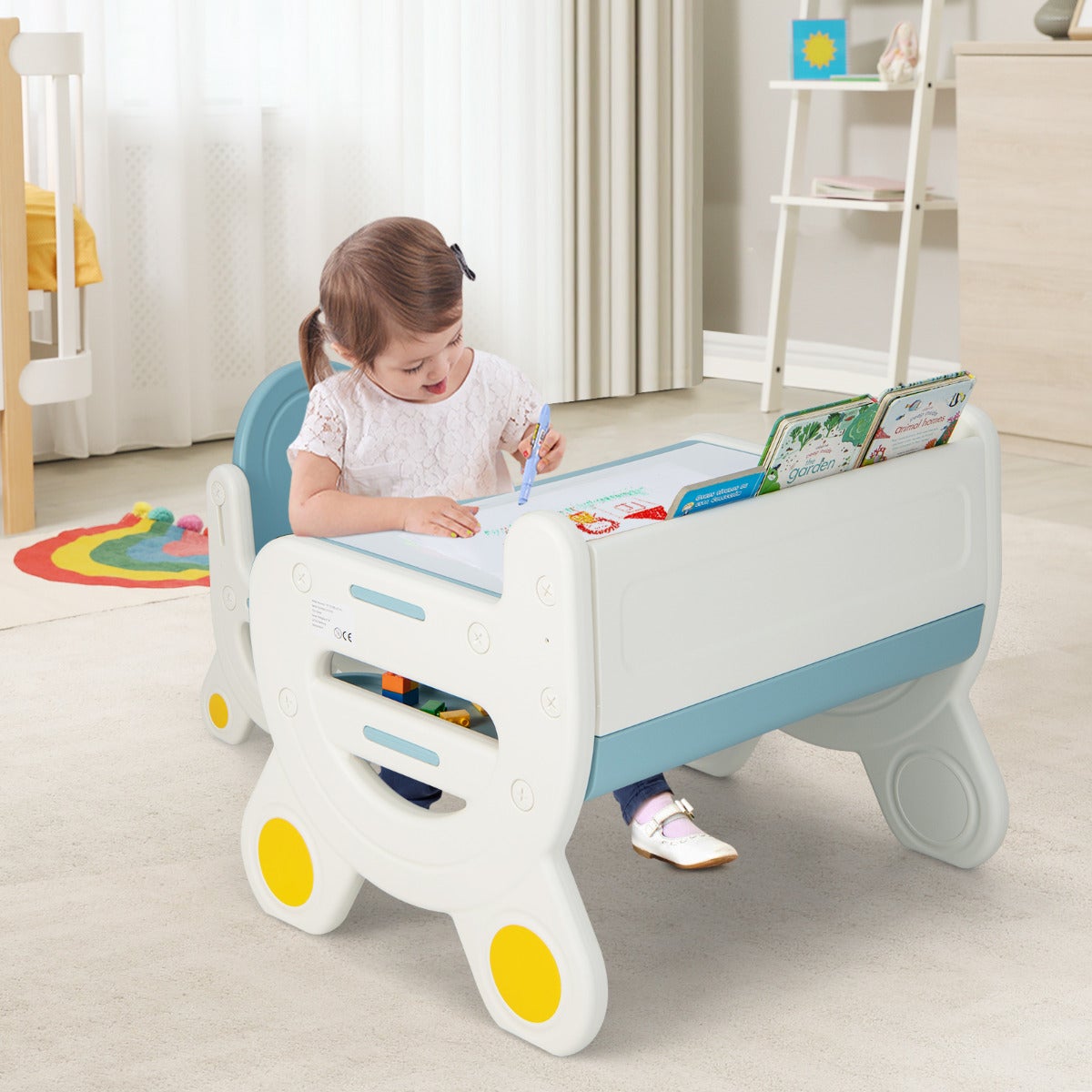Mesa y silla infantil con pizarra de dibujo y accesorios creativos azul