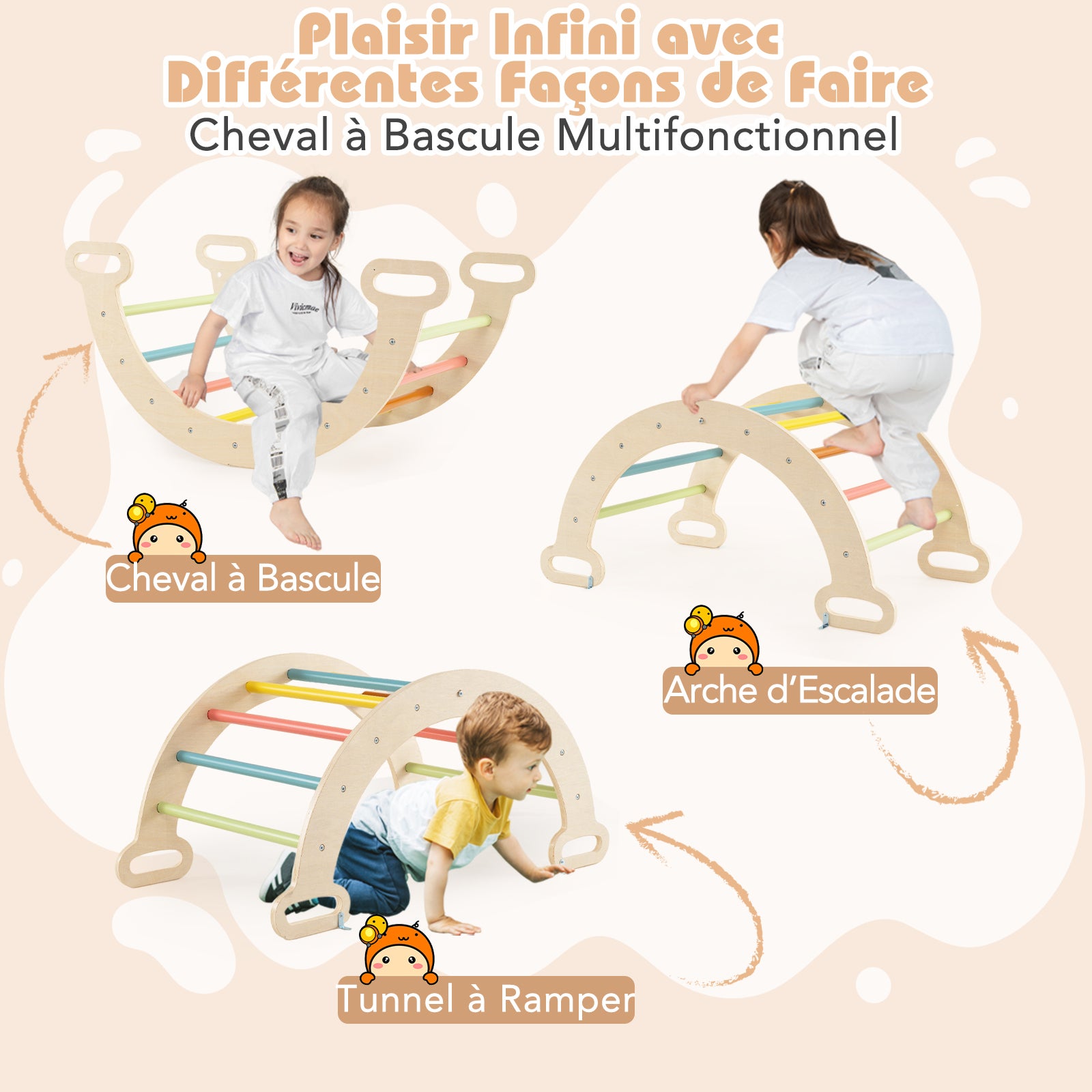 7 en 1 Triangle d'escalade Montessori Enfants avec Rampe, Arc d'escalade en Bois Hêtre avec Tente & Bascule & Échelle, Charge 50KG, pour 1 An + - 5