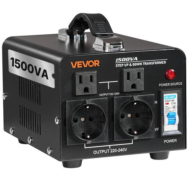 Transformador VEVOR 220V para 110V e 110V para 220V 1500VA com fichas EUA e UE, cabo de alimentação, proteção de disjuntor