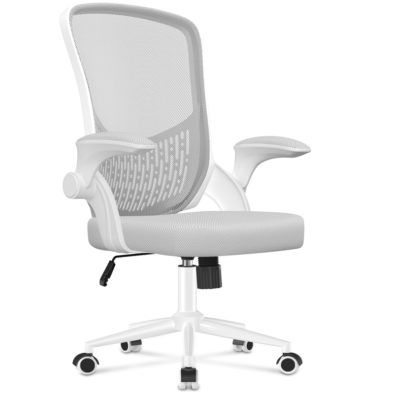 Fotel biurowy z podłokietnikami - RATTANTREE Ergonomiczny fotel biurowy - z kółkami - Fotel obrotowy z regulacją wysokości - biało-szary