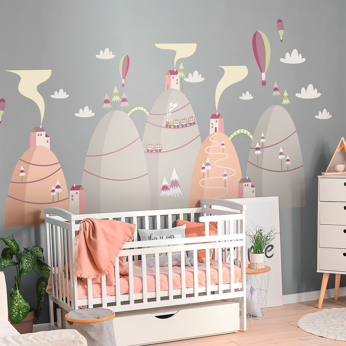 Vinilo escandinavo de montaña globos de aire caliente amigos celestiales - adhesivo pared - sticker revestimiento - 70x105cm