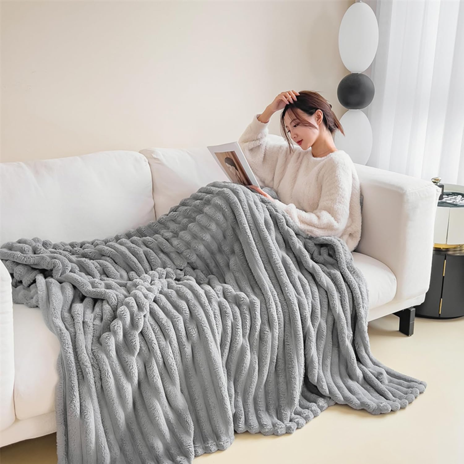 Couverture en laine, plaid, plaid de canapé, poils longs doux et confortable, hiver - gris - 120 × 200 cm - 3