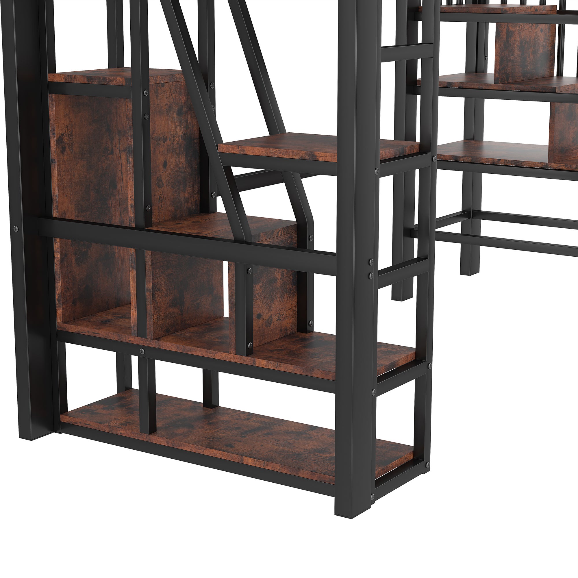 Lit mezzanine en métal 90x200 cm avec LED intégrée,lit surélevé avec rangements et étagères,escalier sécurisé,structure robuste style industriel,Noir - 7