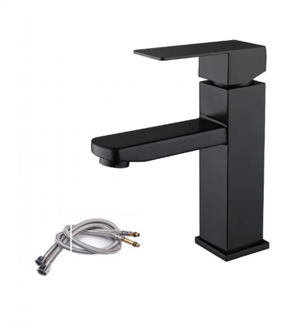 Czarny, jednouchwytowy kran umywalkowy ze stali nierdzewnej do ciepłej i zimnej wody, z wężykami w zestawie. Czarny kran umywalkowy do łazienki.