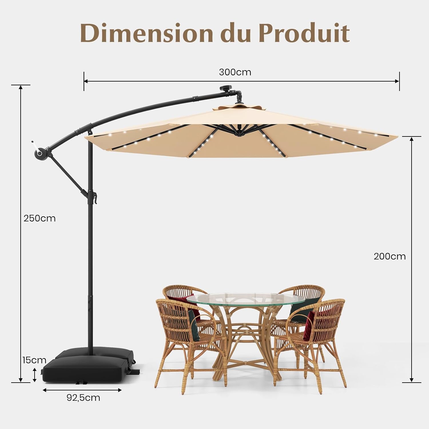 Parasol Déporté Ø300CM Parasol de Jardin Extérieur Inclinable 40 LED Solaires 8 Baleines, Grand Parasol avec Pied pour Terrasse Plage Cour (Beige) - 4