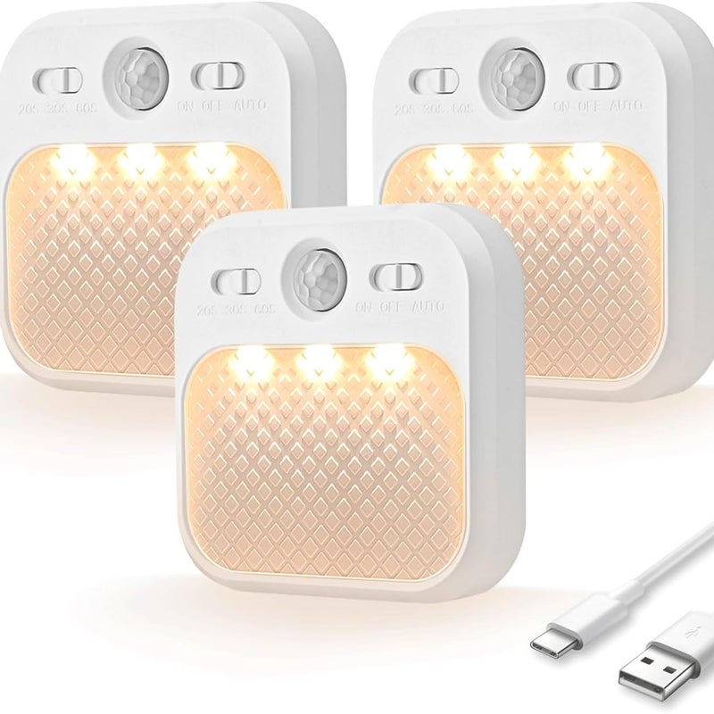 Wewnętrzna lampka nocna LED z czujnikiem ruchu, 3 kolory światła, idealna do korytarza, sypialni lub salonu, zestaw 3 sztuk