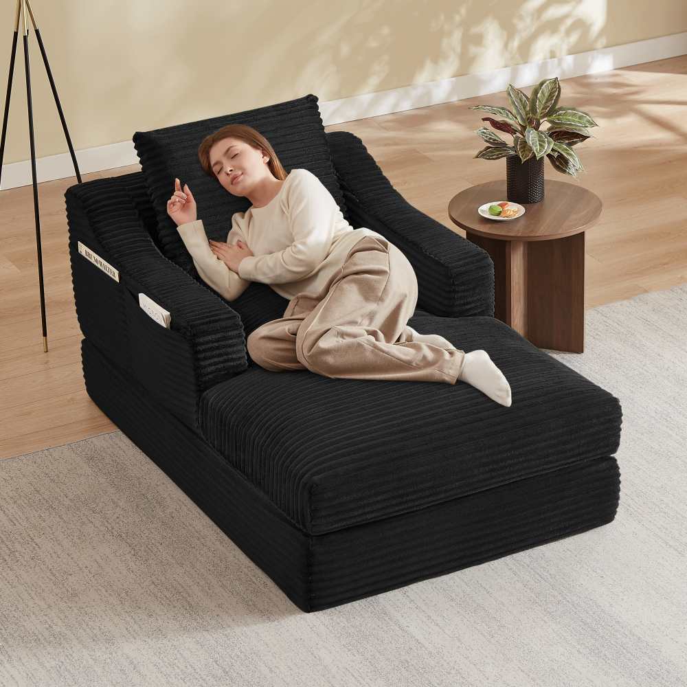 Fauteuil relax velours côtelé, design moderne, 2 couches transformable en lit, mousse haute densité, salon chambre - 3