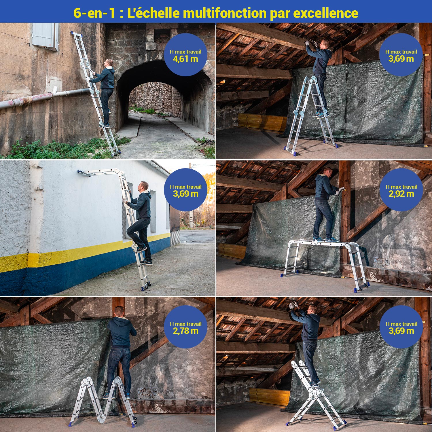 HOSTRÖM Echelle pliante articulée STAVALANCE 4x3 marches, echafaudage multifonction, ecarteur de mur, escabeau, 2 plaques plateforme de travail - 2