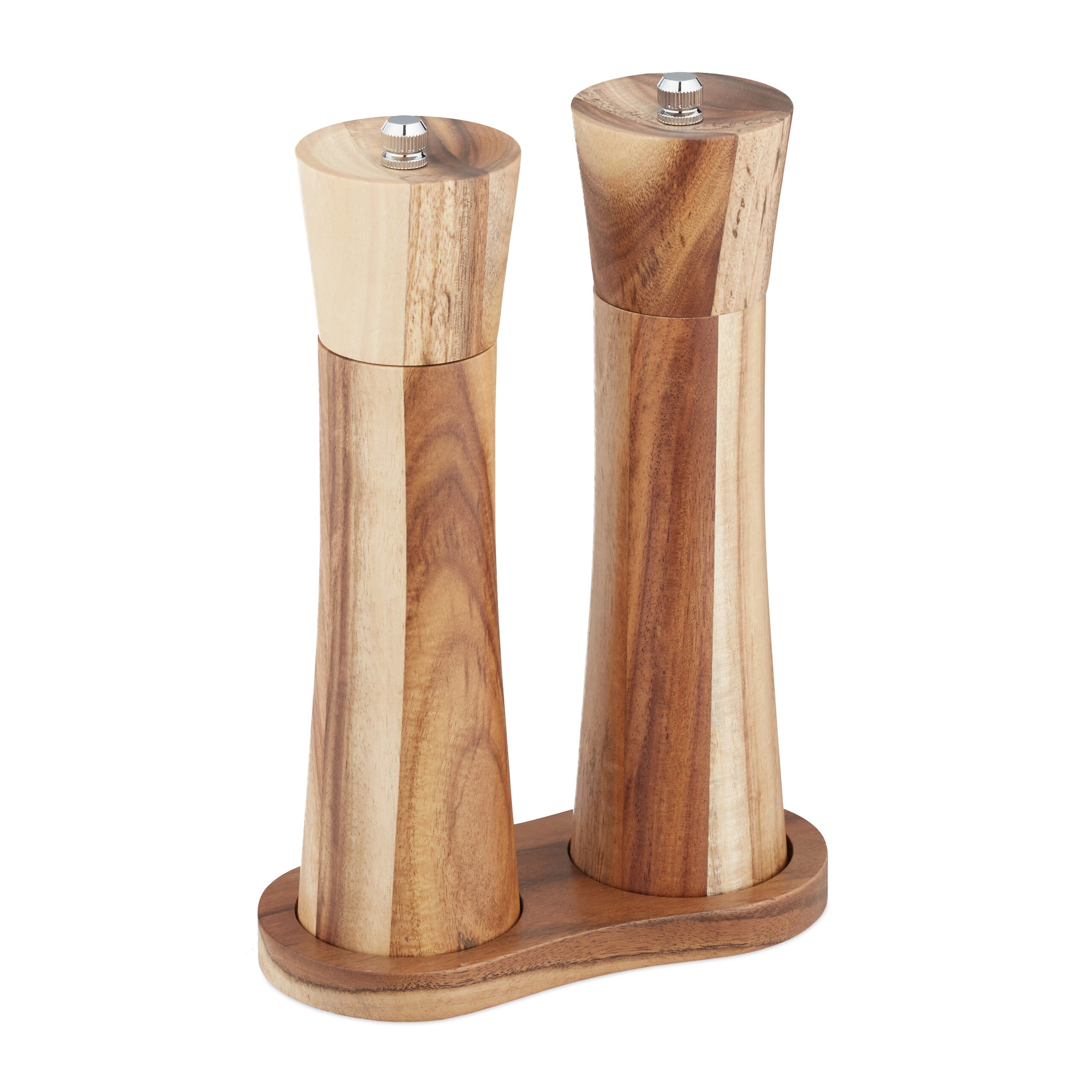 Relaxdays Set Macinasale E Pepe In Legno Di Acacia E Acciaio - 2 Macinini In Ceramica Regolabili Con Sottobicchiere E Spazzola - 3