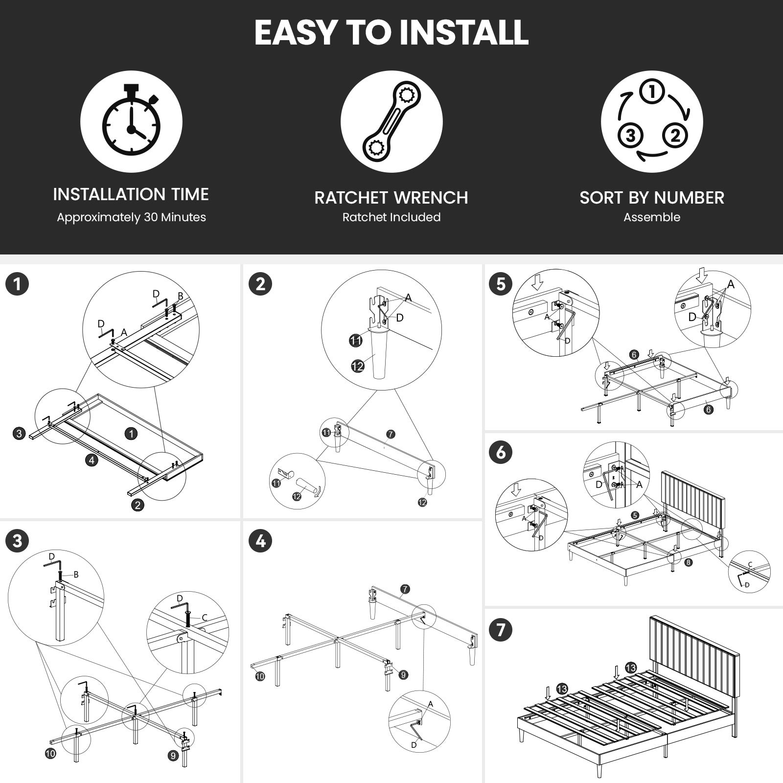 Estrutura De Cama 140x190 Cm, Cama De Casal Estofada Preta, Espaço De Arrumação Debaixo Da Cama, Design Silencioso, Fácil De Montar - 8