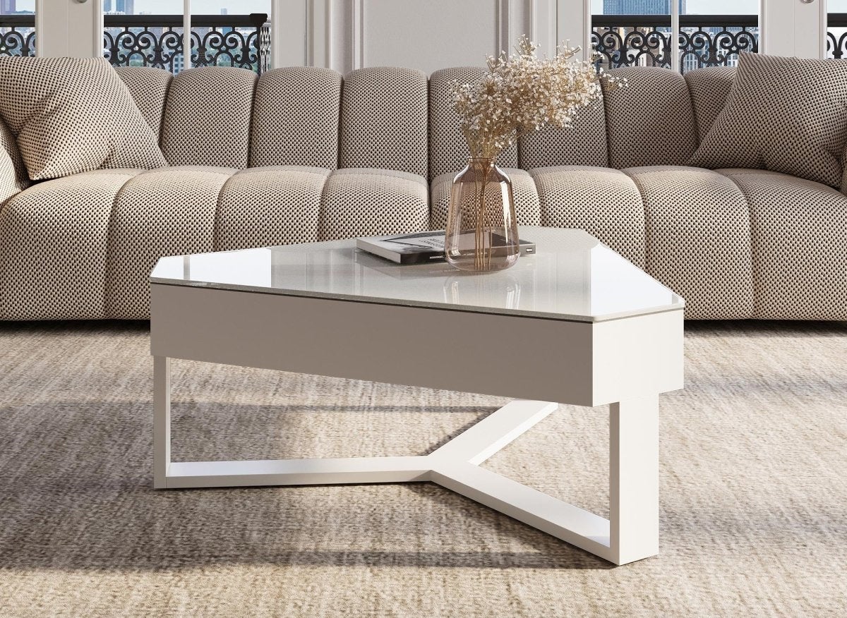 Table basse triangulaire blanche avec plateau pivotant et rangement ...