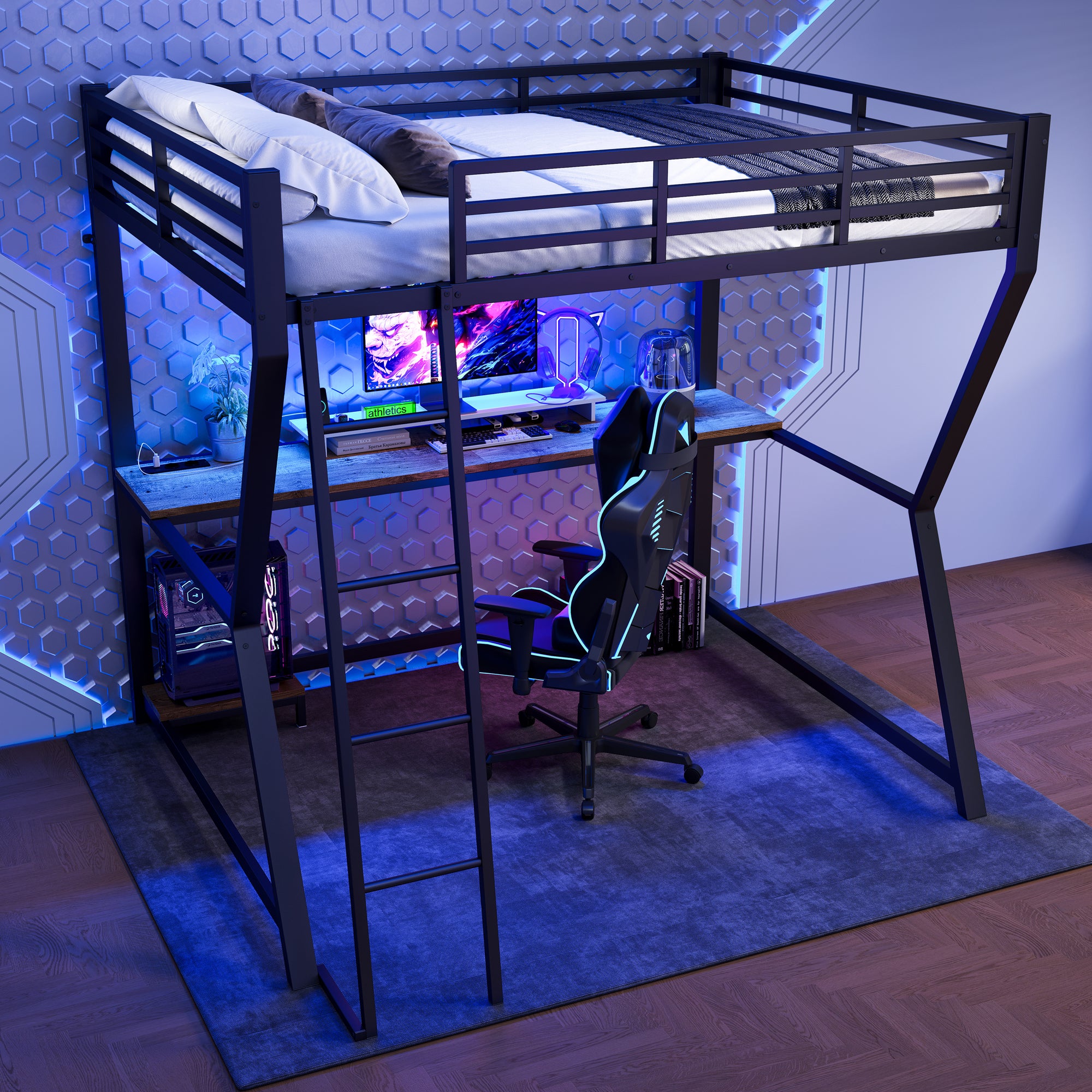 Lit mezzanine 140x200 cm - avec éclairage LED - avec bureau - prise de courant + USB - avec escalier - noir - 4